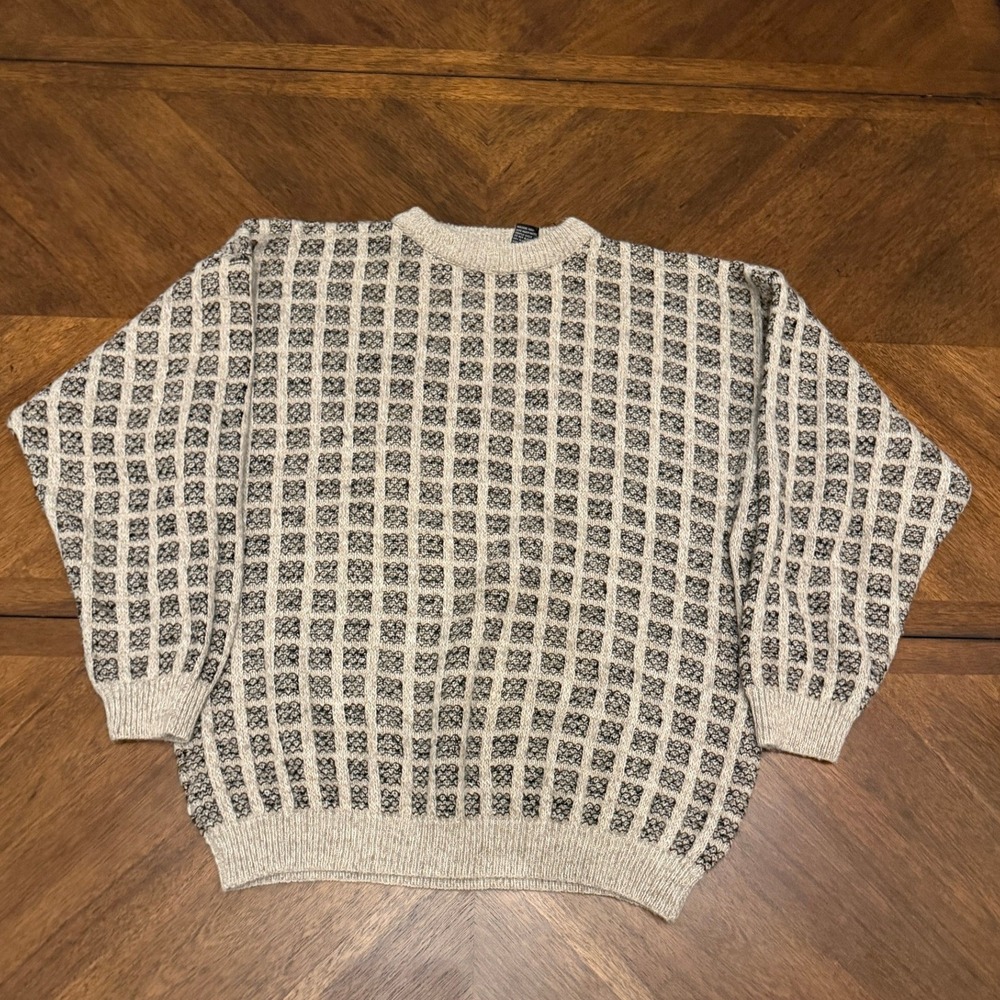 Grafico Italia Mens Large Wool Blend Grid Pattern Crewneck Sweater Made in Italy